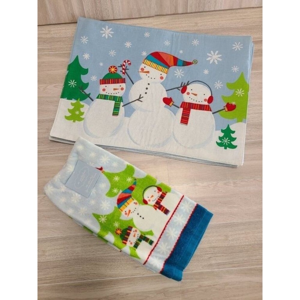 St Nicholas Square Toyland Snowman Placemats Kitchen Towels Set Christmas Blue